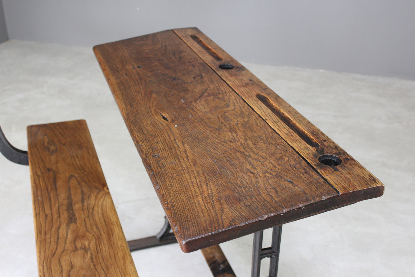 Antique Oak & Cast Iron School Desk - Kernow Furniture