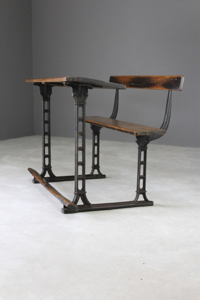 Antique Oak & Cast Iron School Desk - Kernow Furniture