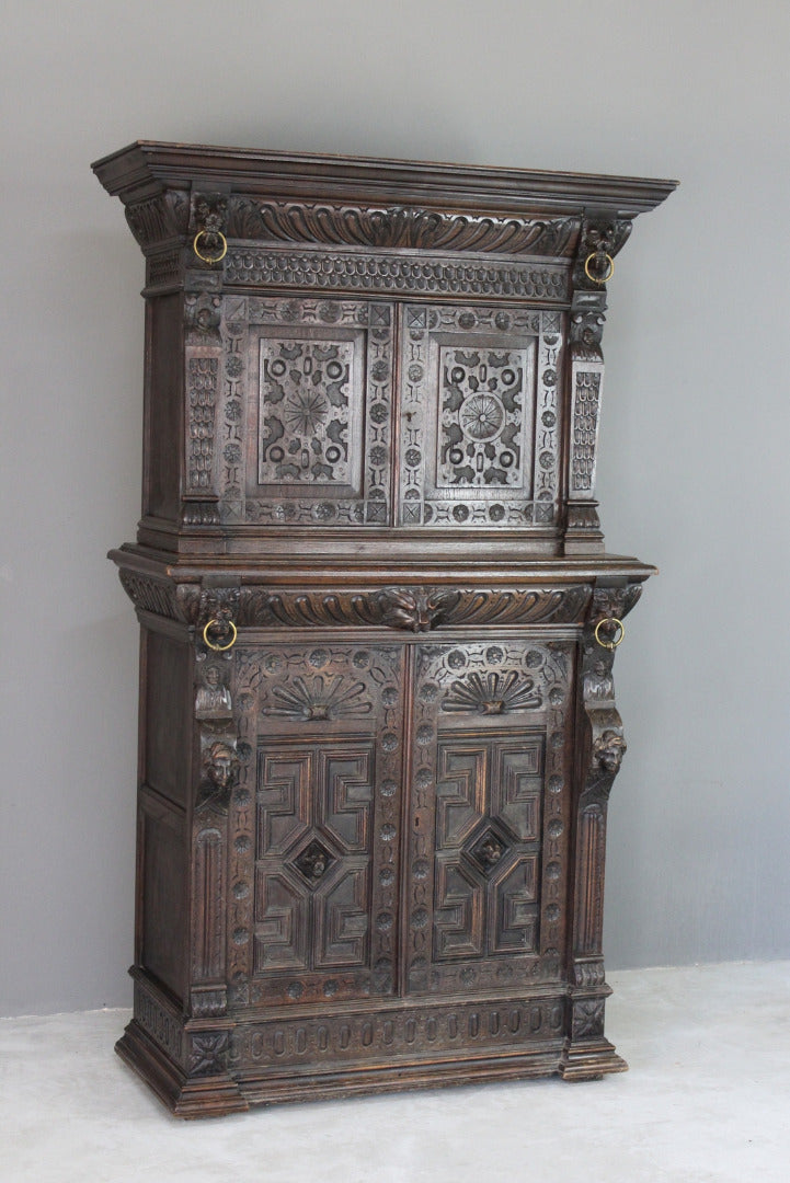 Antique Carved Dark Oak Cupboard - Kernow Furniture
