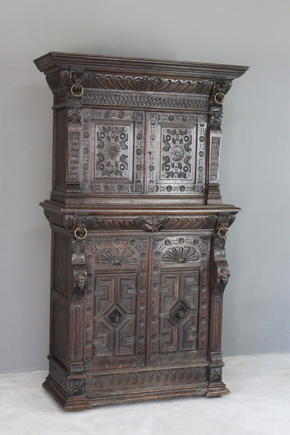 Antique Carved Dark Oak Cupboard - Kernow Furniture