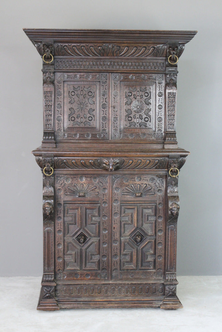 Antique Carved Dark Oak Cupboard - Kernow Furniture