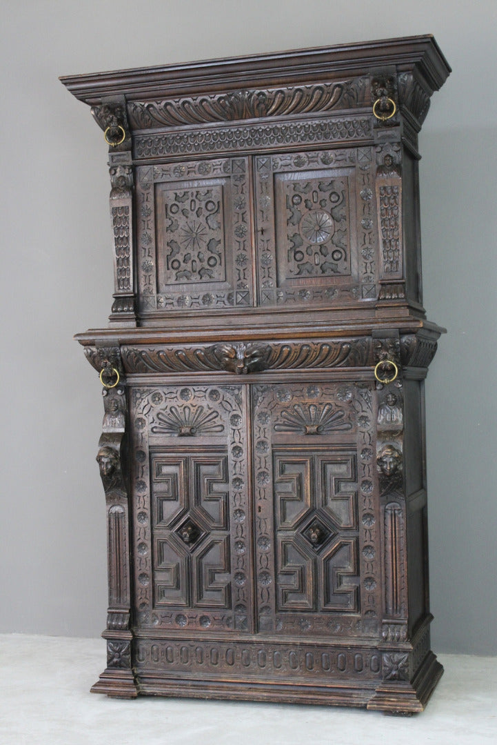 Antique Carved Dark Oak Cupboard - Kernow Furniture
