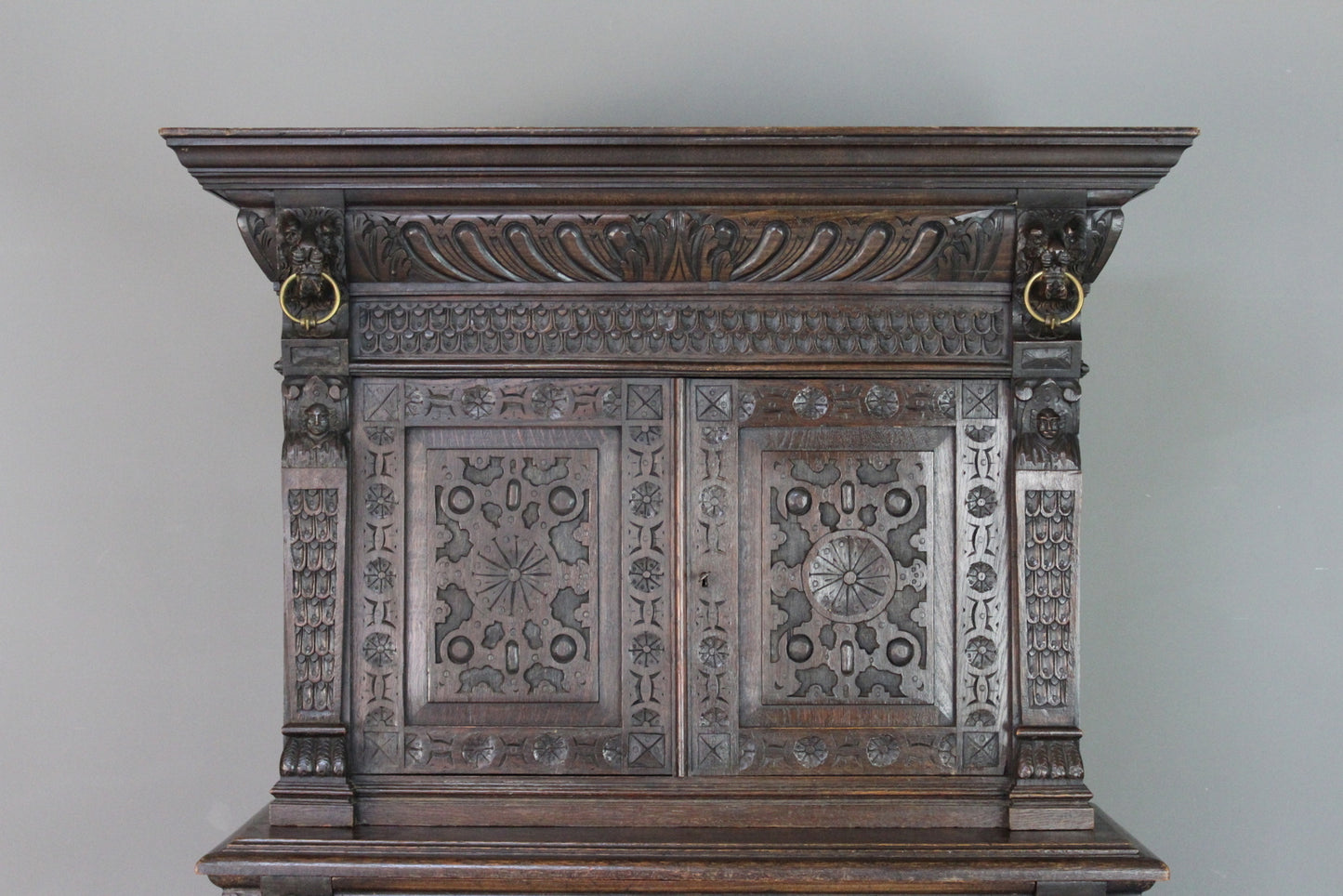 Antique Carved Dark Oak Cupboard - Kernow Furniture