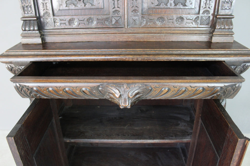 Antique Carved Dark Oak Cupboard - Kernow Furniture