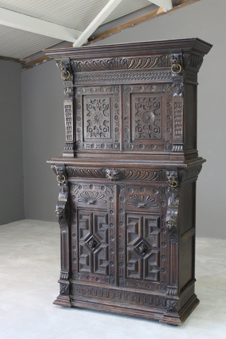 Antique Carved Dark Oak Cupboard - Kernow Furniture