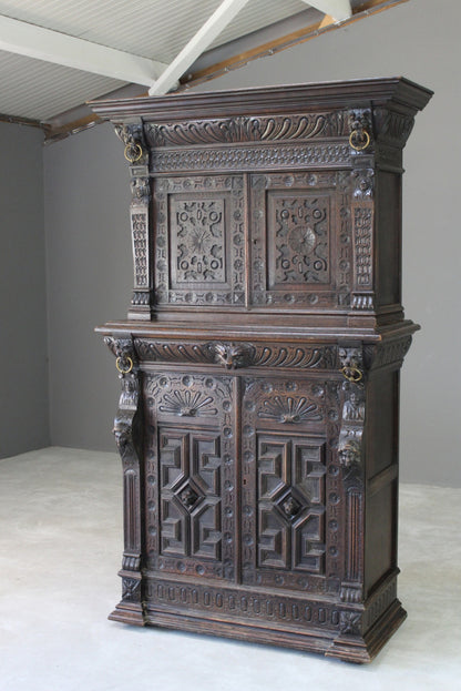 Antique Carved Dark Oak Cupboard - Kernow Furniture