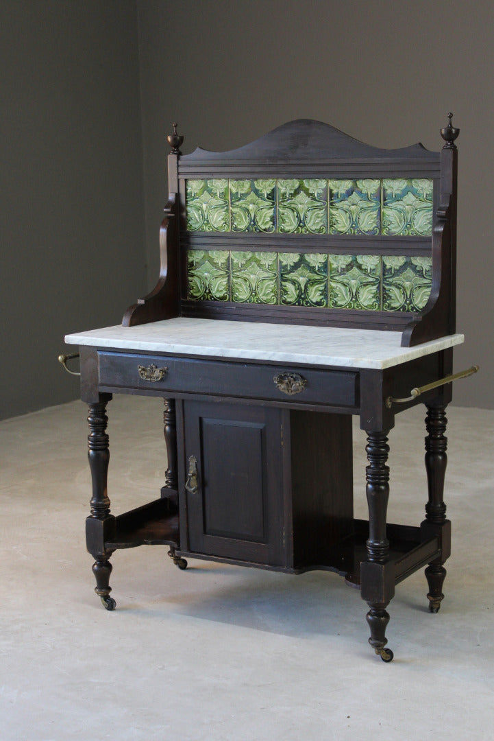 Antique Marble Top Tiled Back Washstand - Kernow Furniture