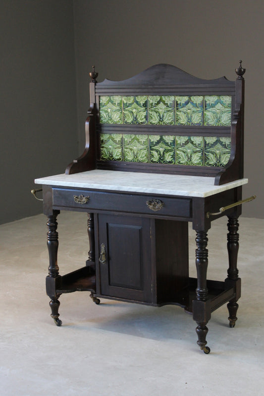 Antique Marble Top Tiled Back Washstand - Kernow Furniture