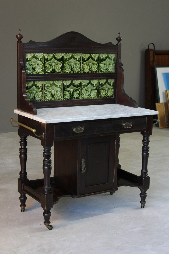Antique Marble Top Tiled Back Washstand - Kernow Furniture