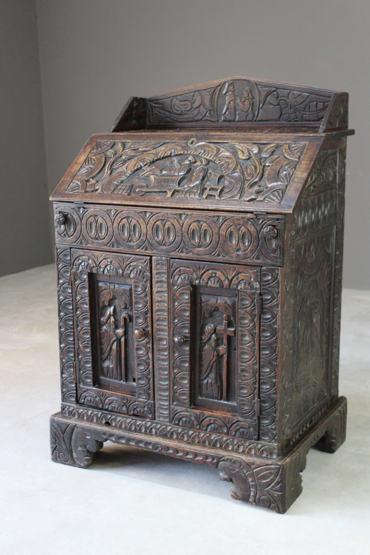 Antique Carved Oak Bureau - Kernow Furniture