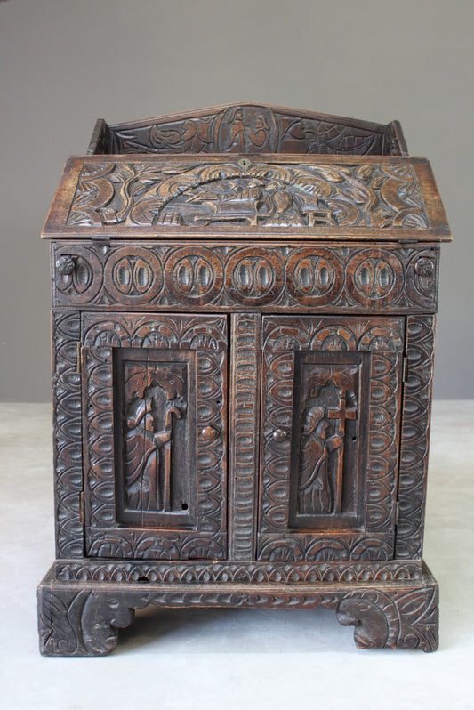 Antique Carved Oak Bureau - Kernow Furniture