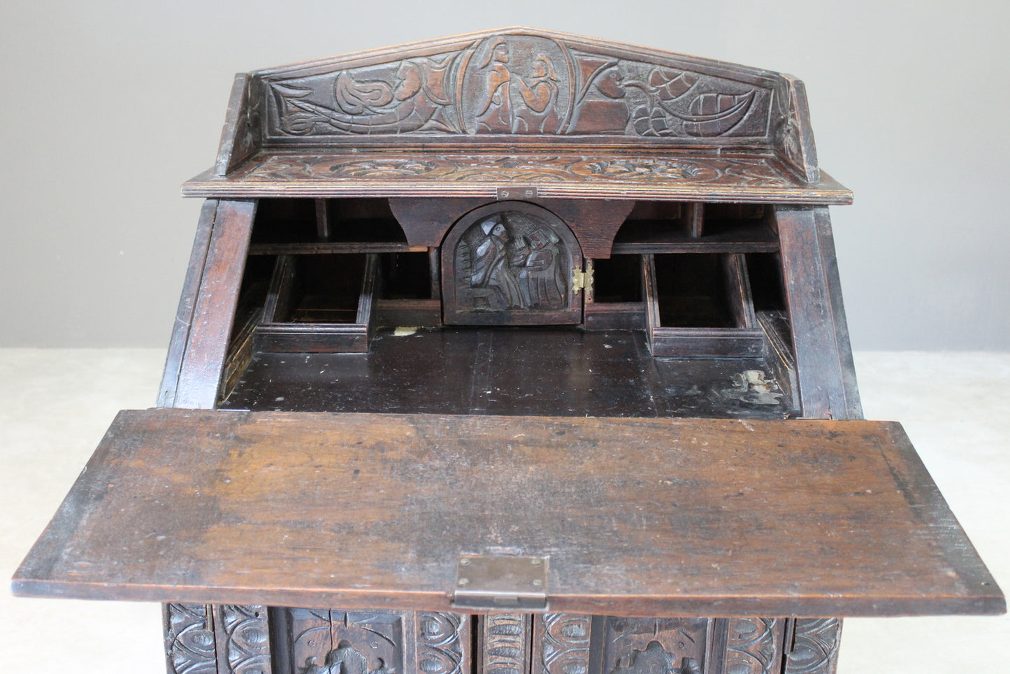 Antique Carved Oak Bureau - Kernow Furniture