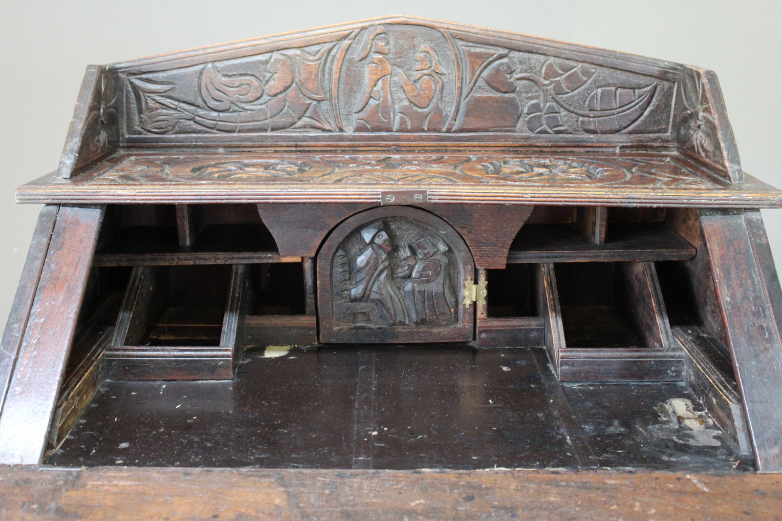 Antique Carved Oak Bureau - Kernow Furniture