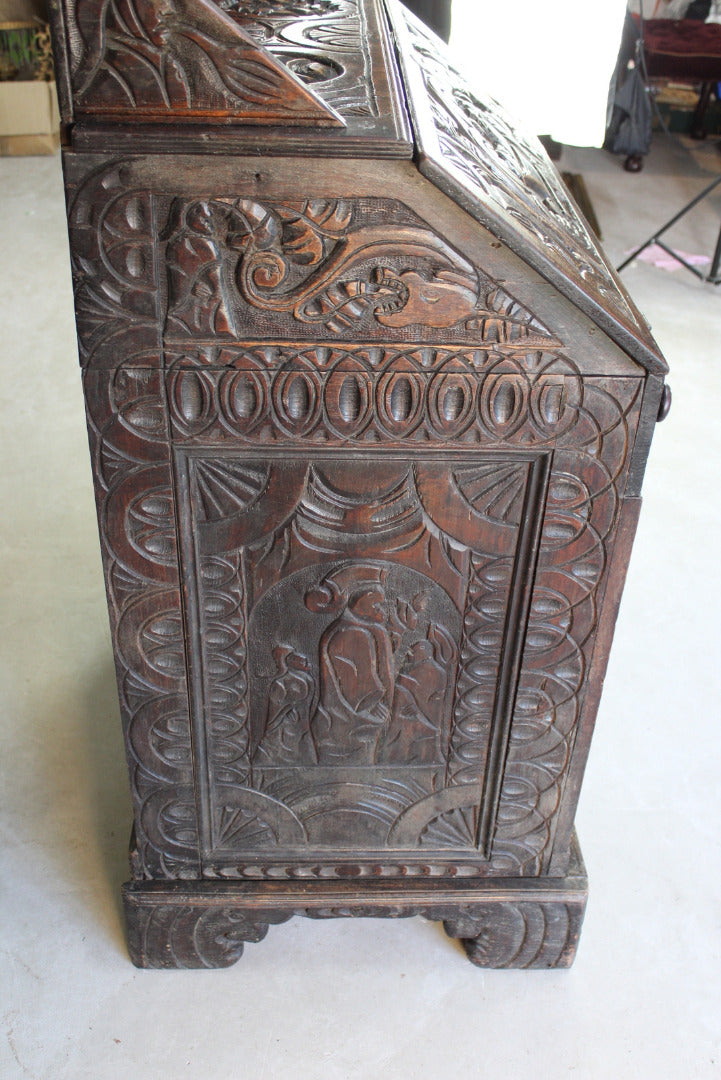 Antique Carved Oak Bureau - Kernow Furniture