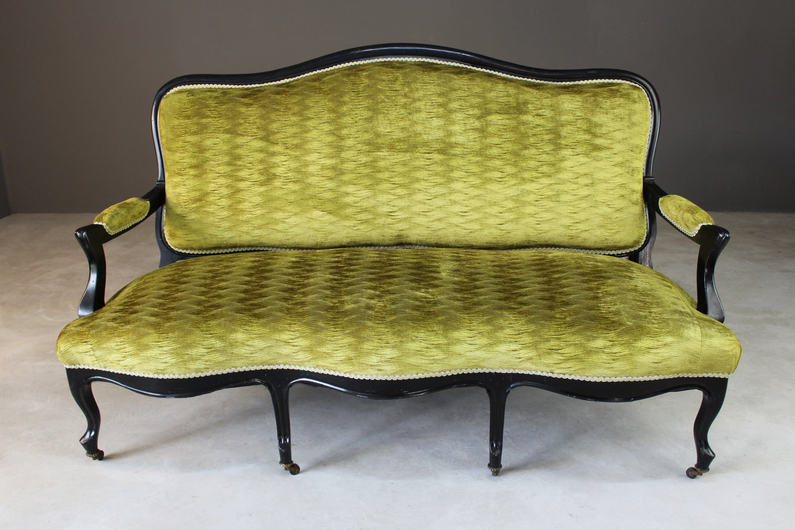 Antique Victorian Ebonised & Green Upholstered Sofa Canape - Kernow Furniture