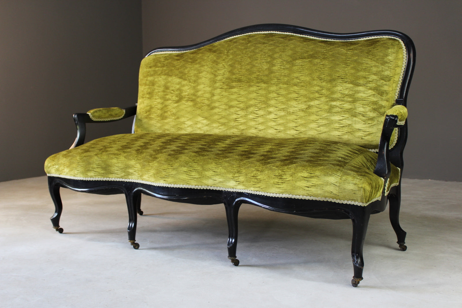 Antique Victorian Ebonised & Green Upholstered Sofa Canape - Kernow Furniture