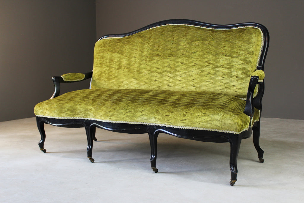 Antique Victorian Ebonised & Green Upholstered Sofa Canape - Kernow Furniture