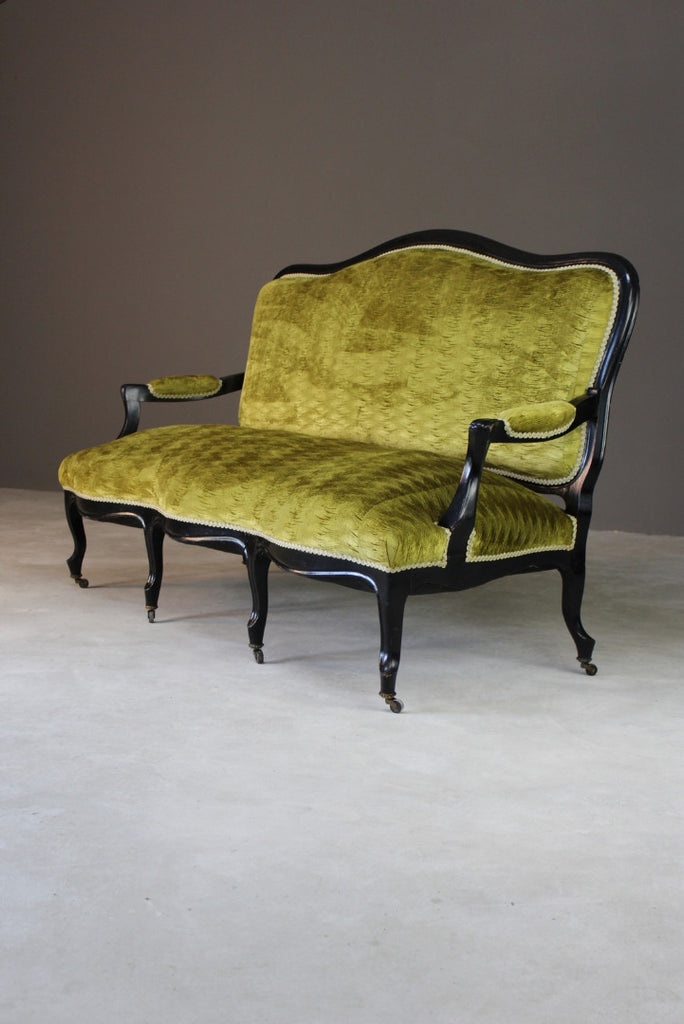 Antique Victorian Ebonised & Green Upholstered Sofa Canape - Kernow Furniture