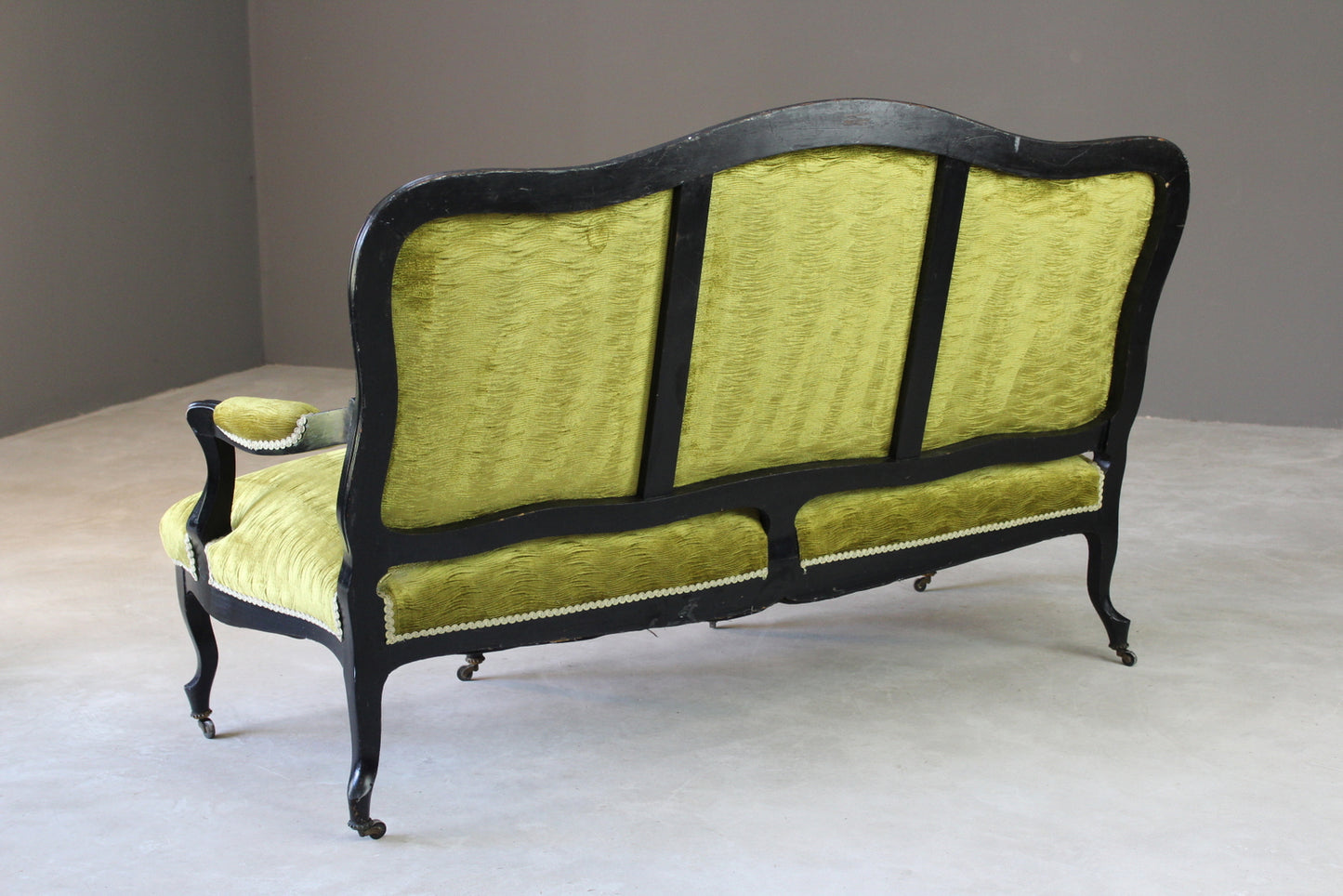 Antique Victorian Ebonised & Green Upholstered Sofa Canape - Kernow Furniture