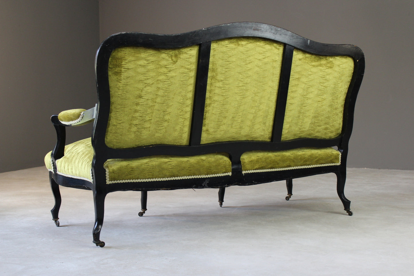 Antique Victorian Ebonised & Green Upholstered Sofa Canape - Kernow Furniture