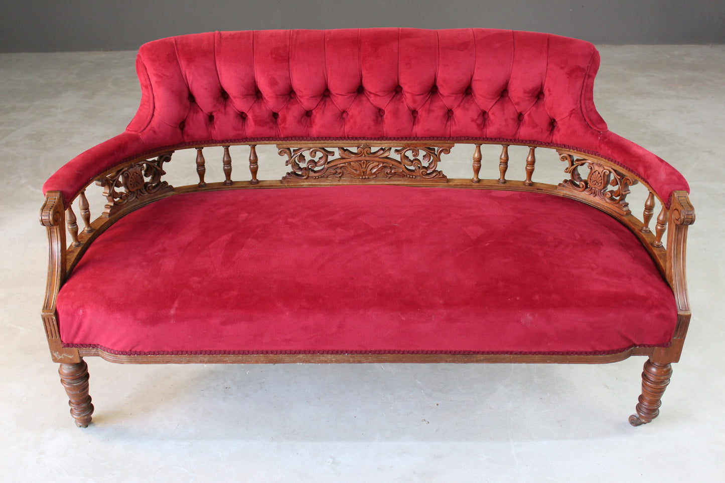 Small Victorian Red Upholstered Sofa - Kernow Furniture