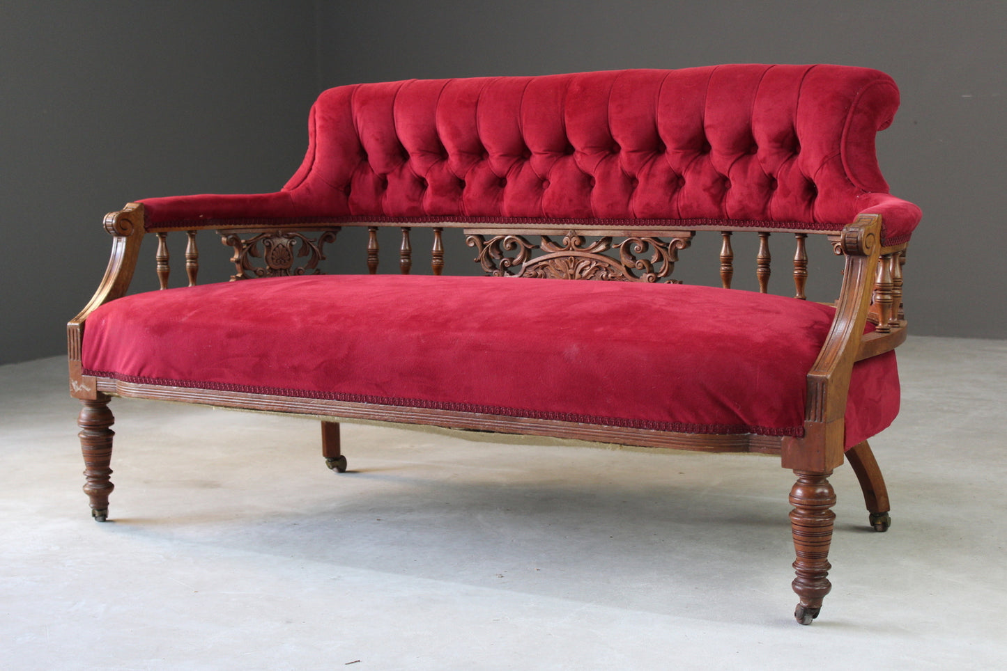 Small Victorian Red Upholstered Sofa - Kernow Furniture