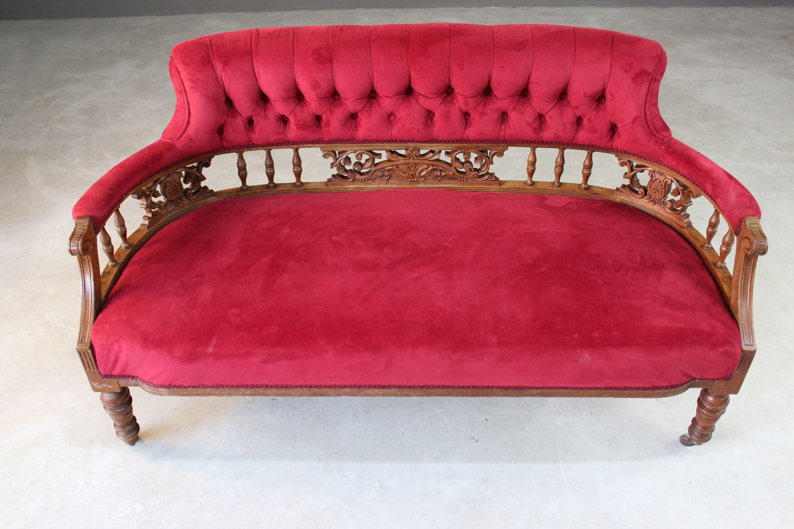 Small Victorian Red Upholstered Sofa - Kernow Furniture