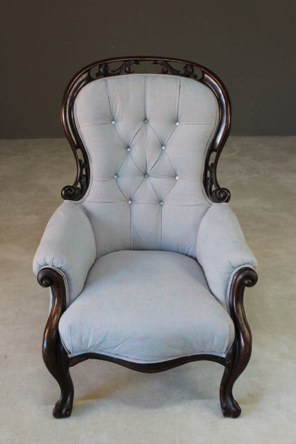 Antique Victorian Upholstered Button Back Armchair - Kernow Furniture