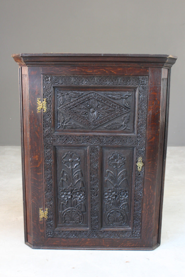 Antique Carved Oak Corner Wall Cupboard - Kernow Furniture