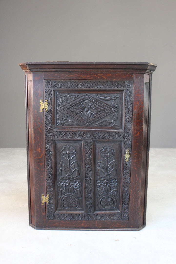 Antique Carved Oak Corner Wall Cupboard - Kernow Furniture