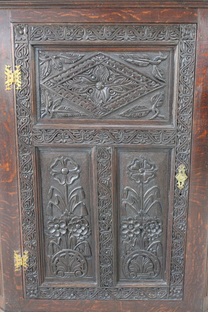 Antique Carved Oak Corner Wall Cupboard - Kernow Furniture