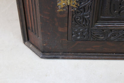 Antique Carved Oak Corner Wall Cupboard - Kernow Furniture