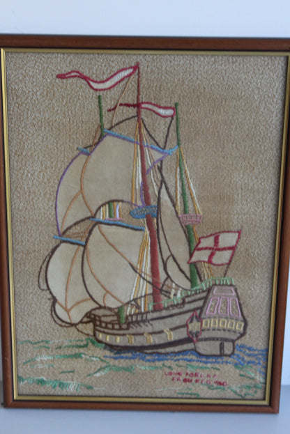 Vintage Framed Nautical Embroidery - Kernow Furniture