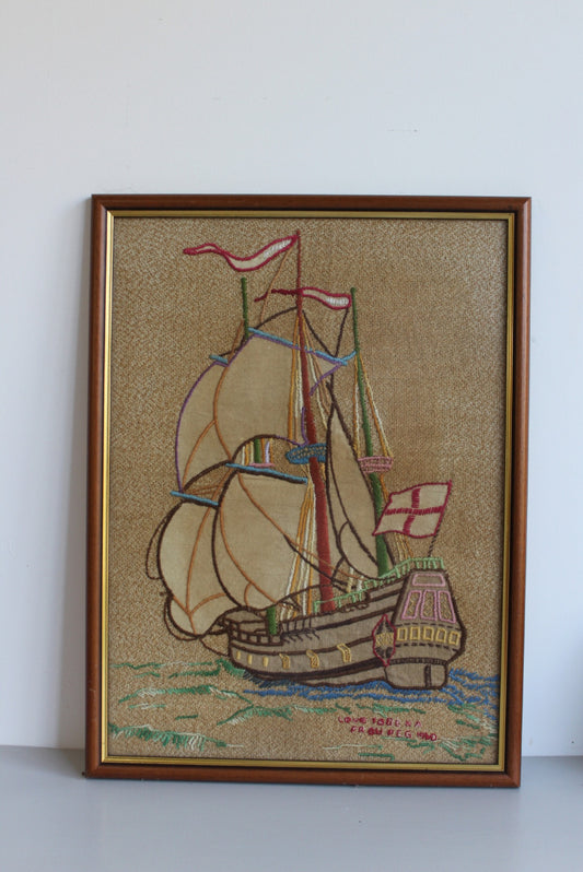 Vintage Framed Nautical Embroidery - Kernow Furniture