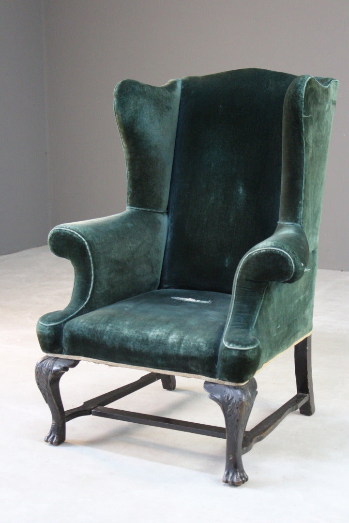 Antique Upholstered Green Velvet Wing Armchair – Kernow Furniture