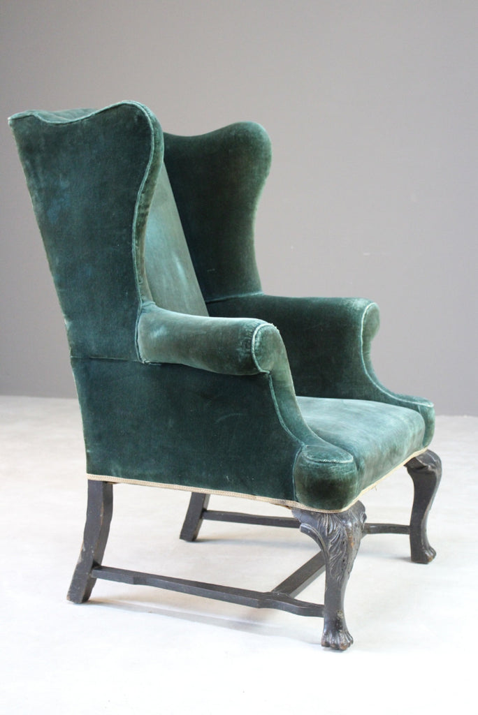 Antique Upholstered Green Velvet Wing Armchair - Kernow Furniture