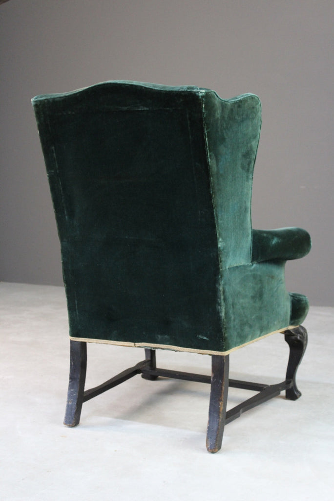 Antique Upholstered Green Velvet Wing Armchair - Kernow Furniture