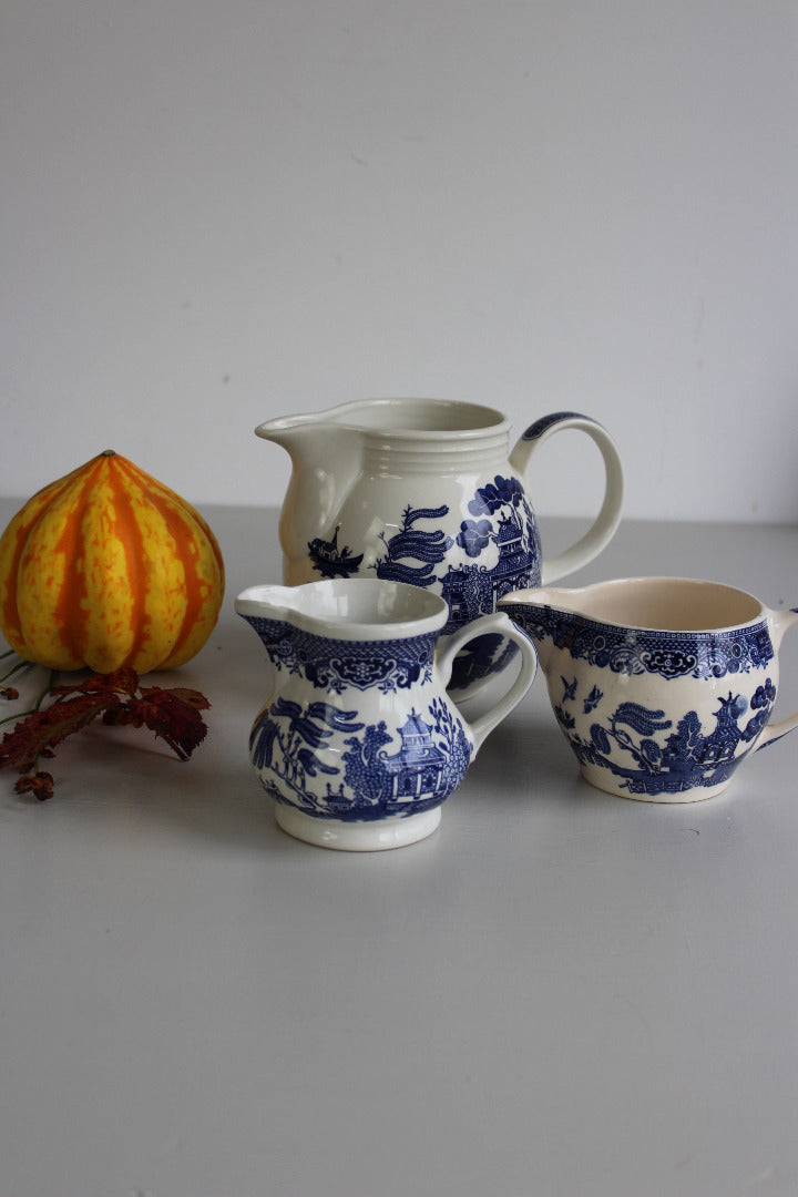 3 Blue & White Willow Jugs - Kernow Furniture