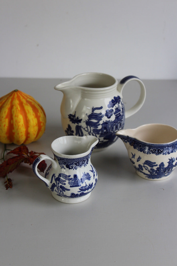 3 Blue & White Willow Jugs - Kernow Furniture