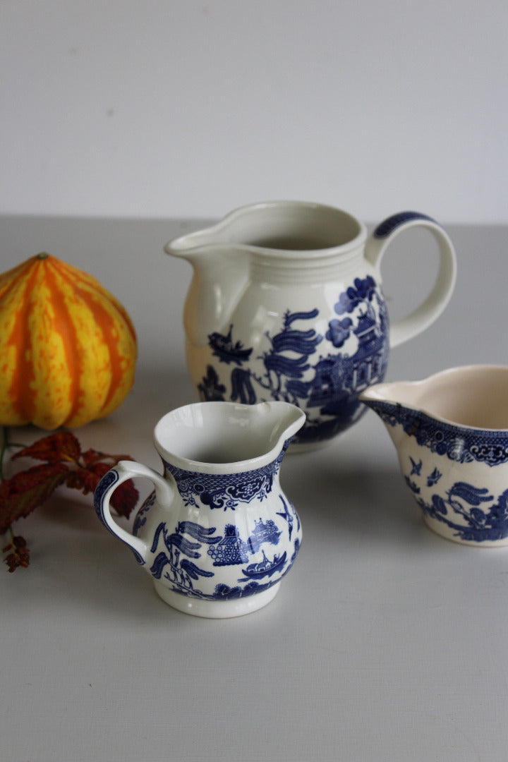 3 Blue & White Willow Jugs - Kernow Furniture