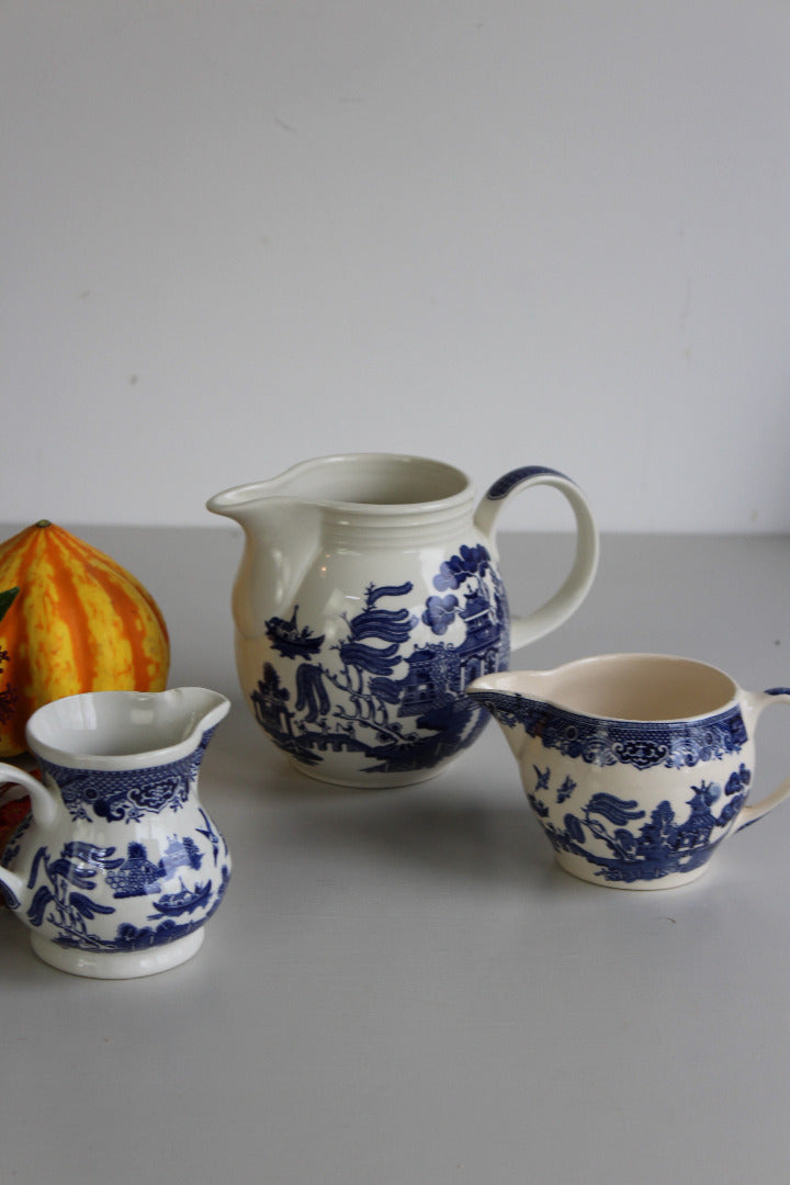 3 Blue & White Willow Jugs - Kernow Furniture