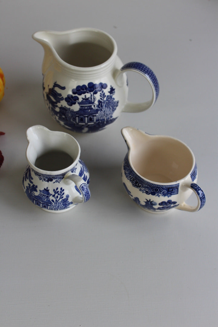 3 Blue & White Willow Jugs - Kernow Furniture