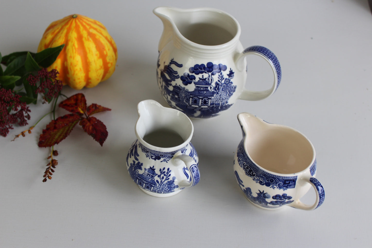 3 Blue & White Willow Jugs - Kernow Furniture