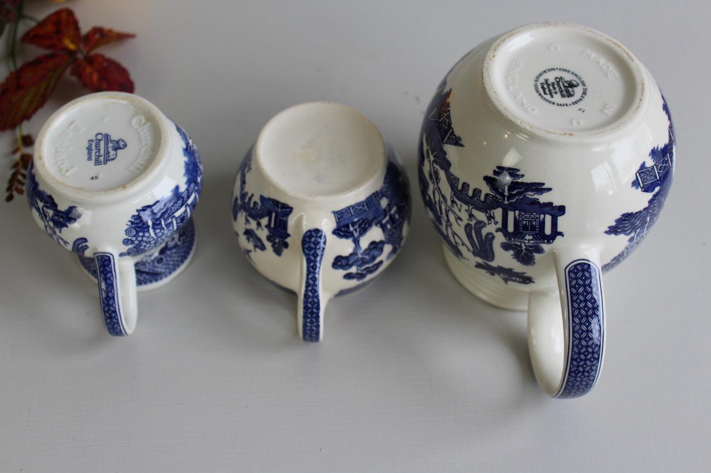 3 Blue & White Willow Jugs - Kernow Furniture