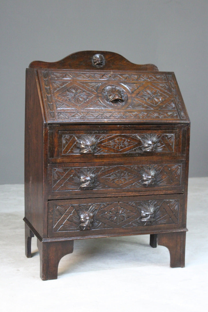 Carved Oak Greenman Bureau - Kernow Furniture