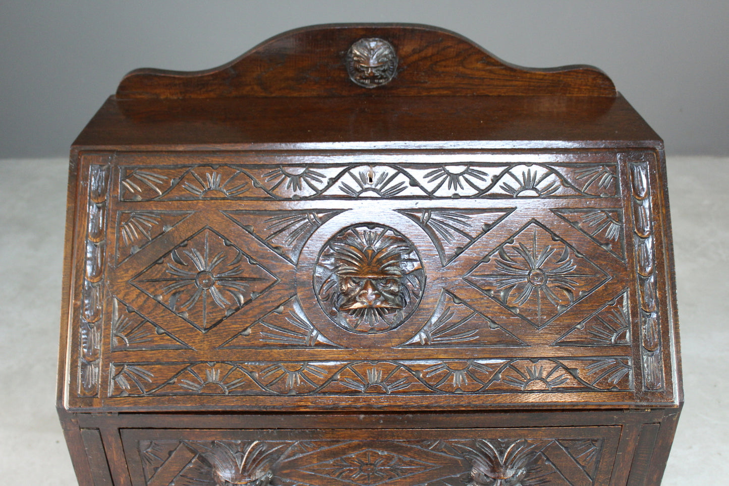 Carved Oak Greenman Bureau - Kernow Furniture