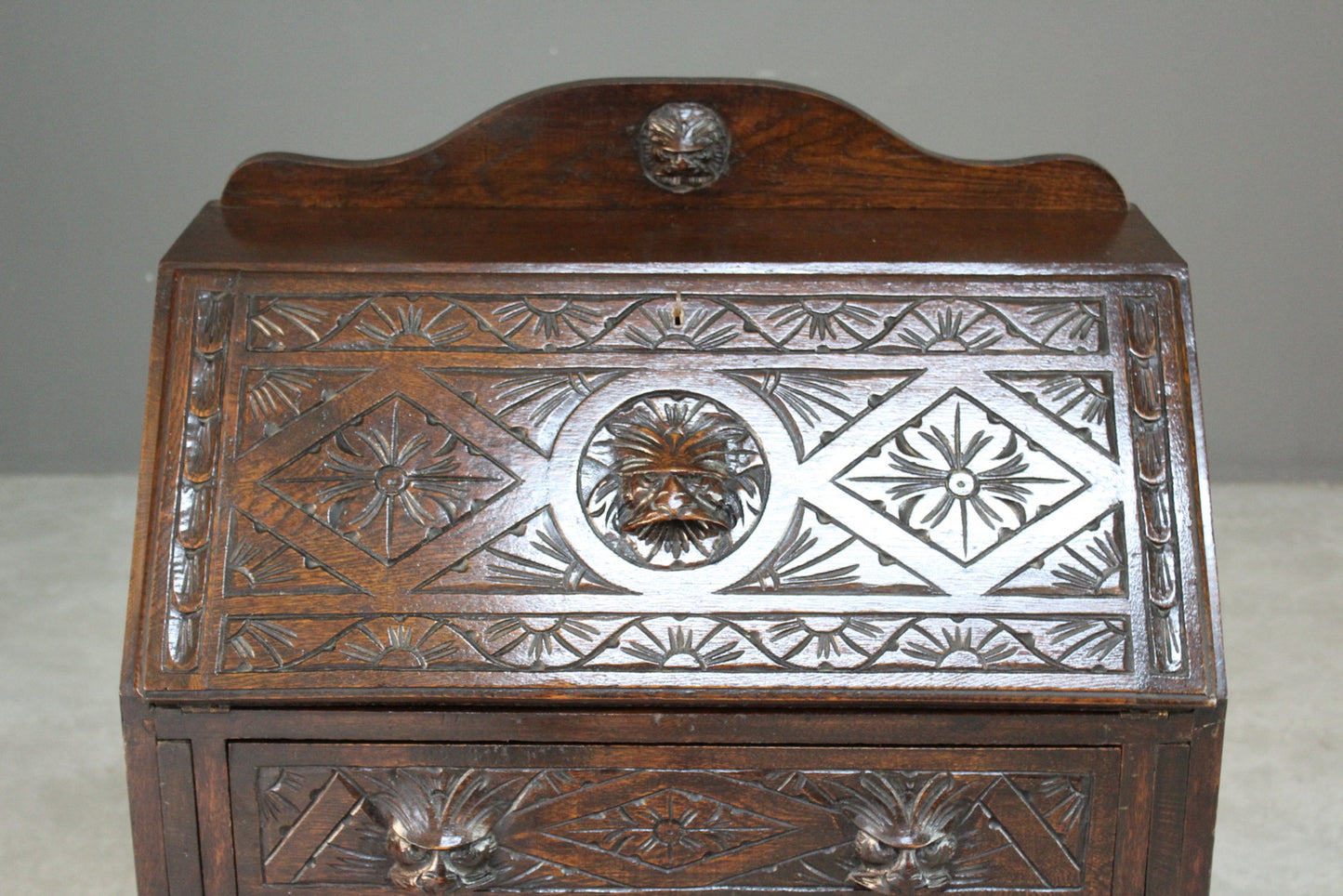 Carved Oak Greenman Bureau - Kernow Furniture