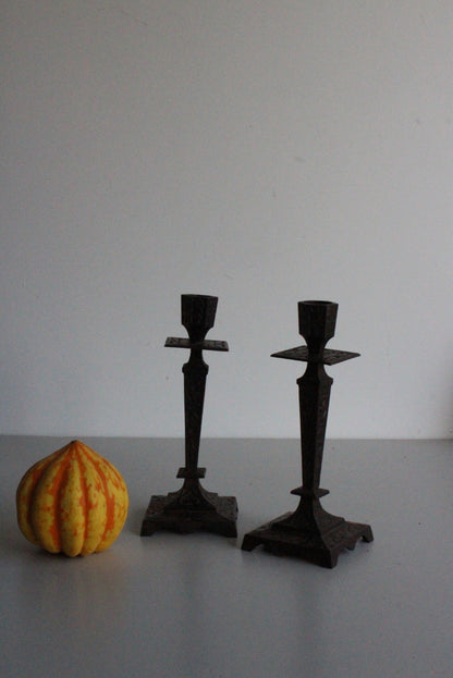 Pair French Cast Iron Candle Sticks - Kernow Furniture