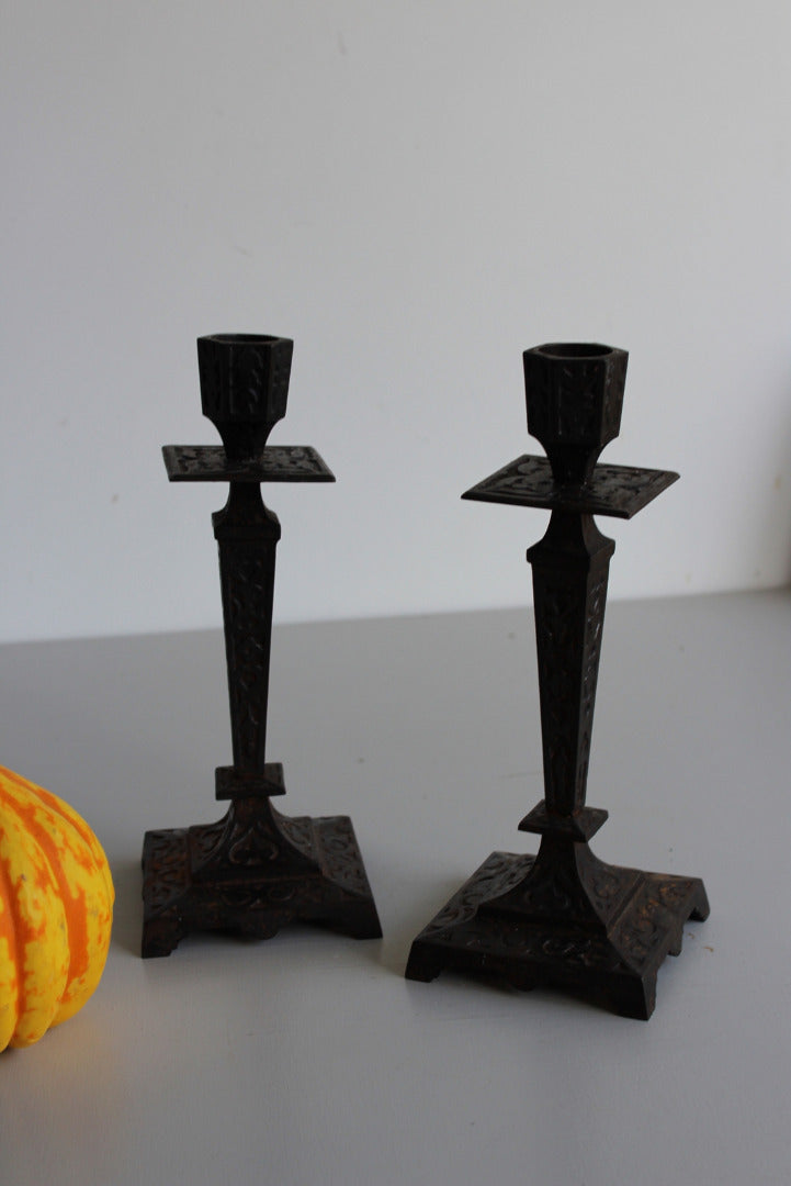 Pair French Cast Iron Candle Sticks - Kernow Furniture