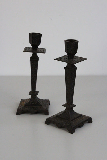 Pair French Cast Iron Candle Sticks - Kernow Furniture